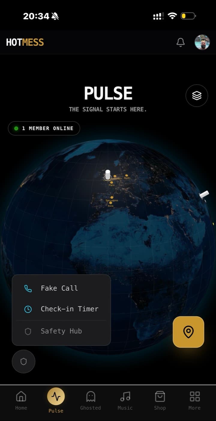 HOTMESS Pulse — globe + Safety Suite, live in-app